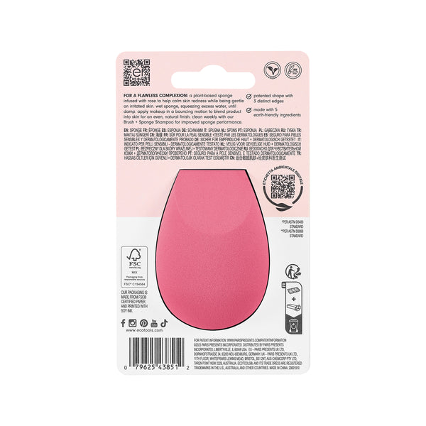Back of pink teardrop makeup sponge blister package
