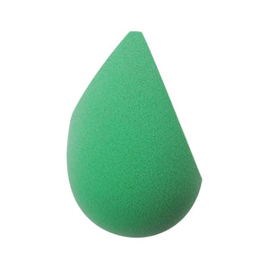 Green teardrop makeup sponge, textured foam blending applicator.