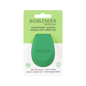 Bioblender compostable green tea infused makeup sponge blister pack front.