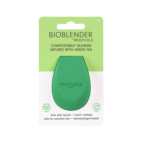 Bioblender compostable green tea infused makeup sponge blister pack front.