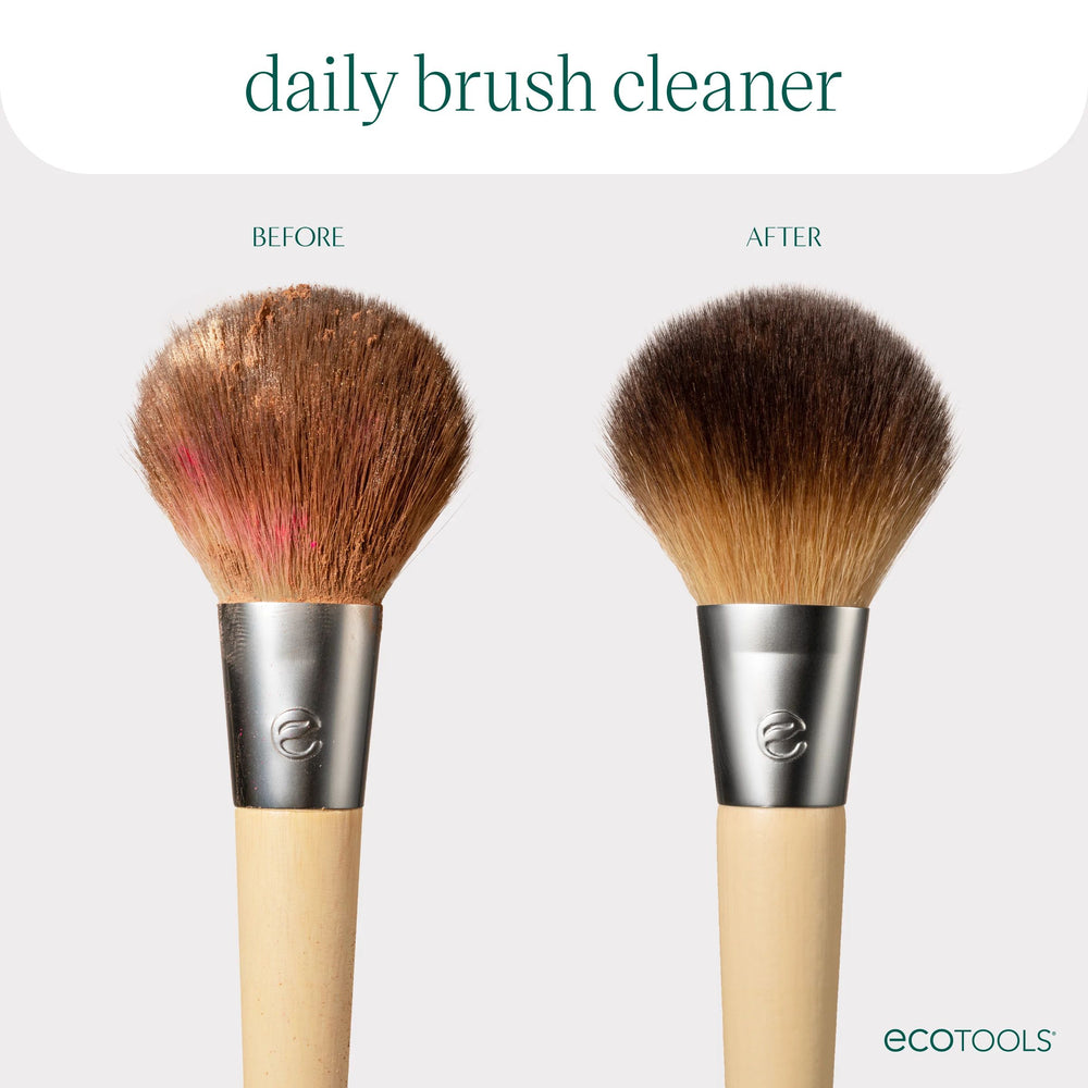 Brush cleaner bottle with white mist sprayer and dark green bottle, front view.