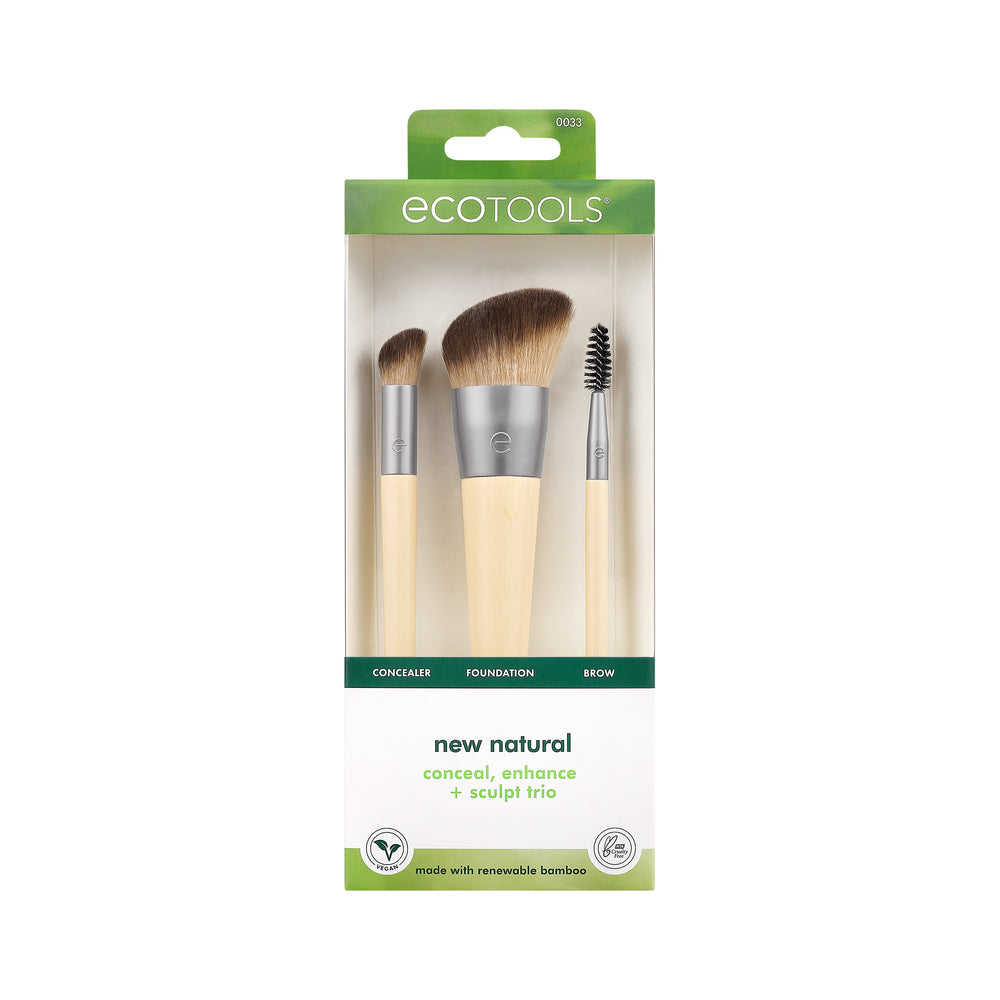 3-piece makeup brush set with beige handles, silver collars, and dense bristles