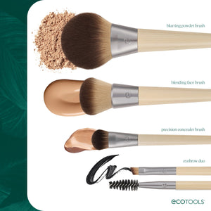 Precision concealer brush shown with blended powders in a set of makeup tools