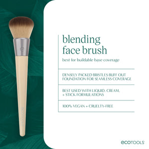 Blending face brush on green product card with usage and care details