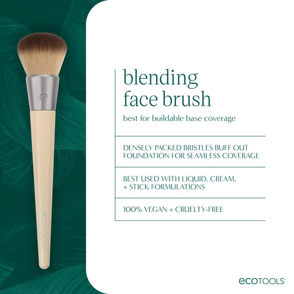 Blending face brush on green product card with usage and care details