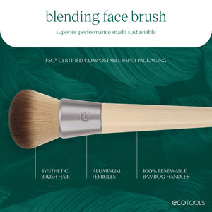 Blending face brush featured on green info card with labeled brush materials