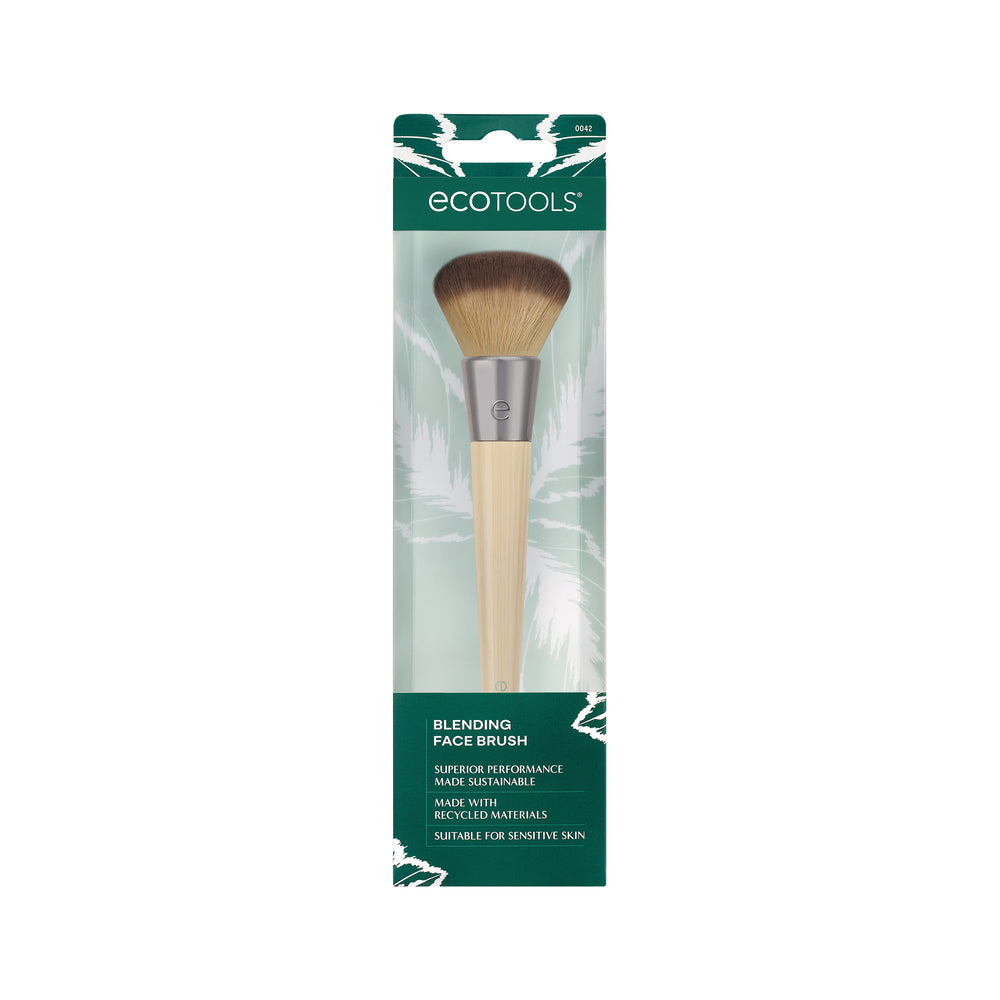 Blending face brush with soft brown bristles, silver ferrule, and light wood handle