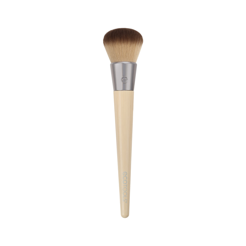 Blending face brush with soft brown bristles, silver ferrule, and light wood handle
