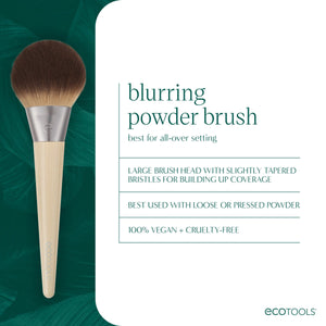 Powder brush with large tapered bristles on light handle shown on product card