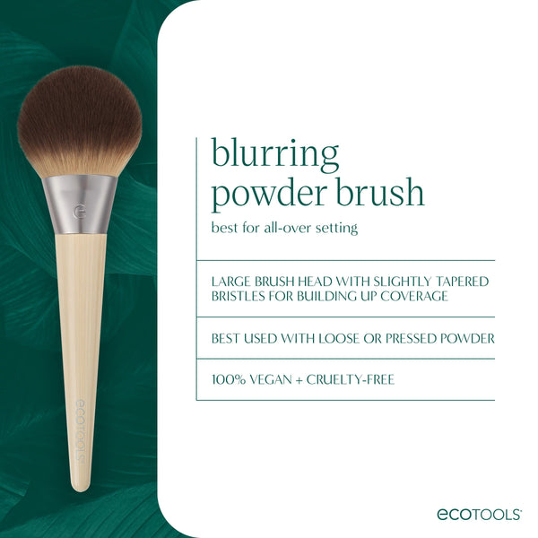 Powder brush with large tapered bristles on light handle shown on product card