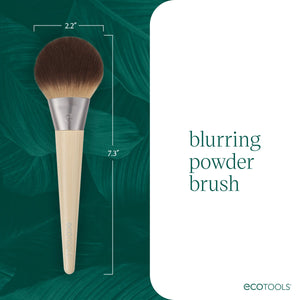Powder brush with rounded head and light handle shown with size dimensions