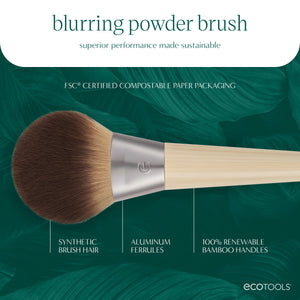 Powder brush product image with round dark bristle head and light bamboo handle