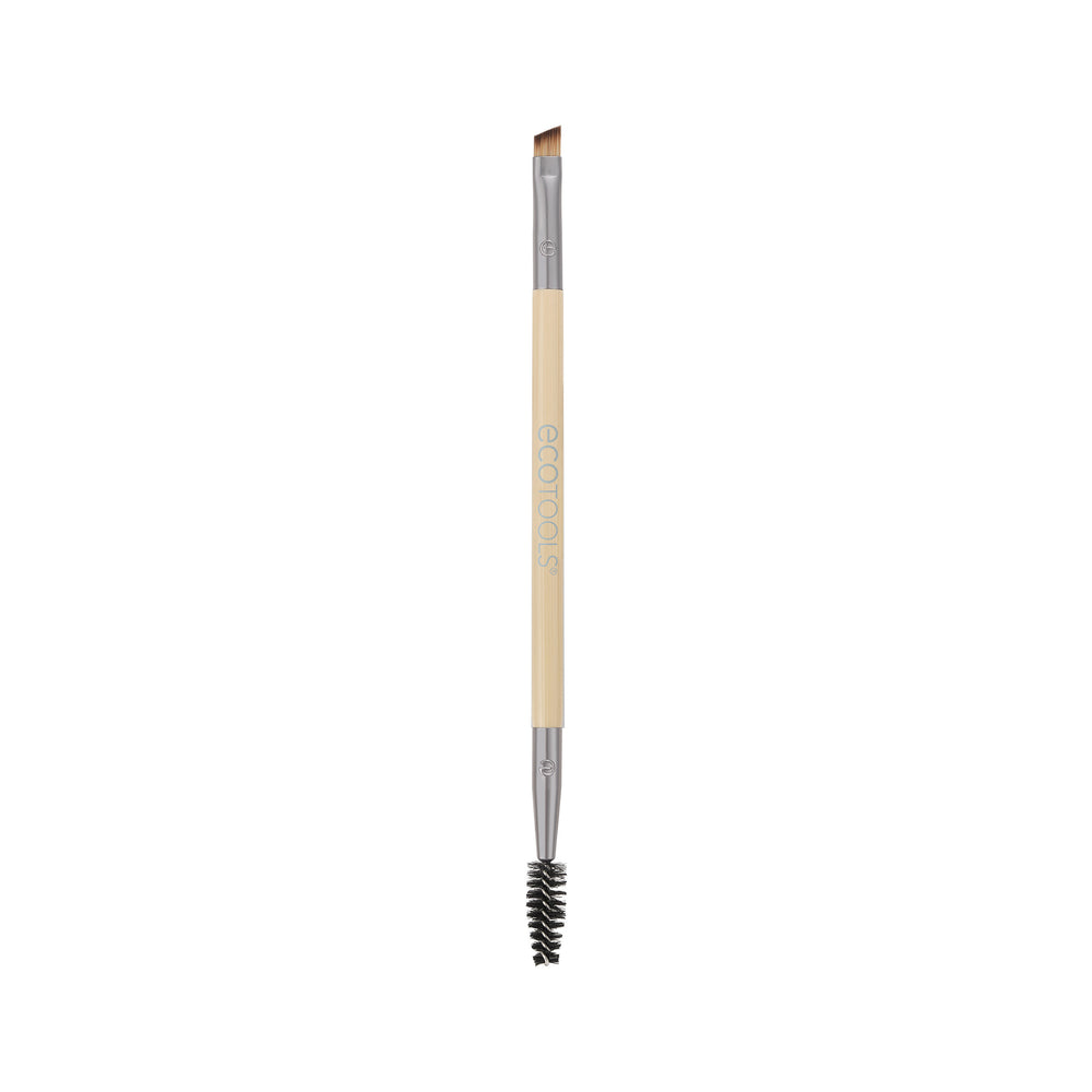 Eyebrow duo brush with angled bristle tip and black spoolie on beige handle