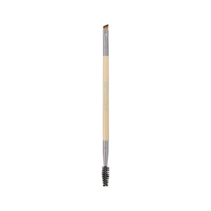 Eyebrow duo brush with angled bristle tip and black spoolie on beige handle