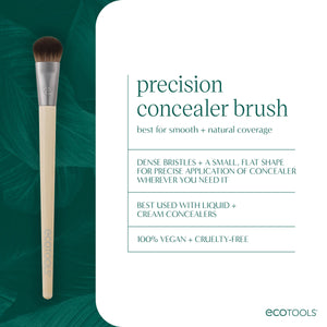 Precision concealer brush standing upright with small dense bristles and silver ferrule