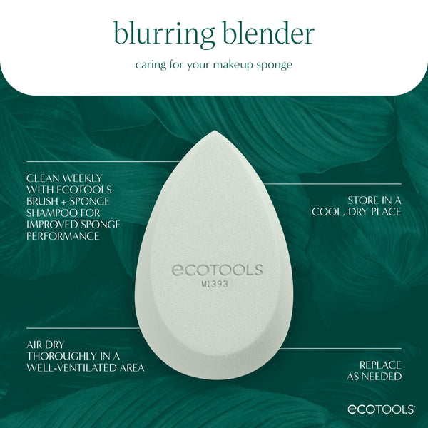 White teardrop makeup sponge for blurring makeup, branded ecoTools, for easy cleaning