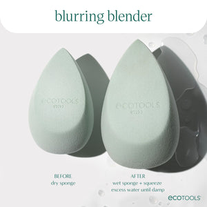 Two light green blurring blender sponges shown in before and after graphic