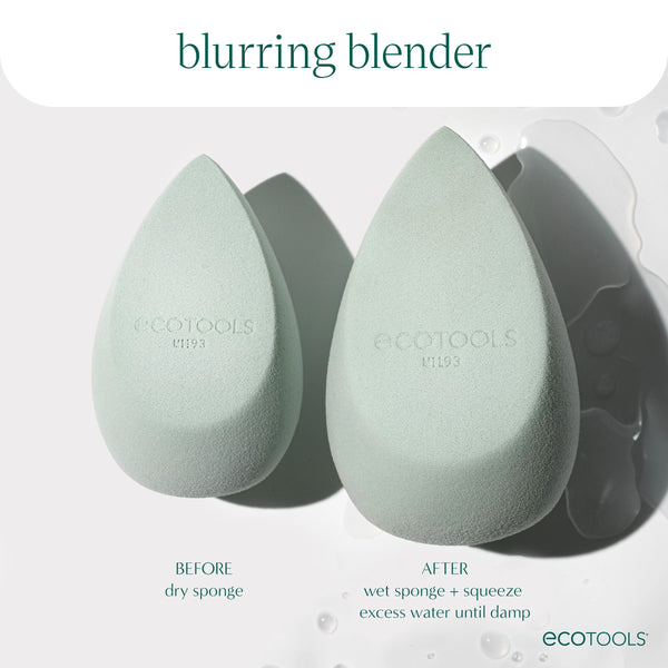 Two light green blurring blender sponges shown in before and after graphic