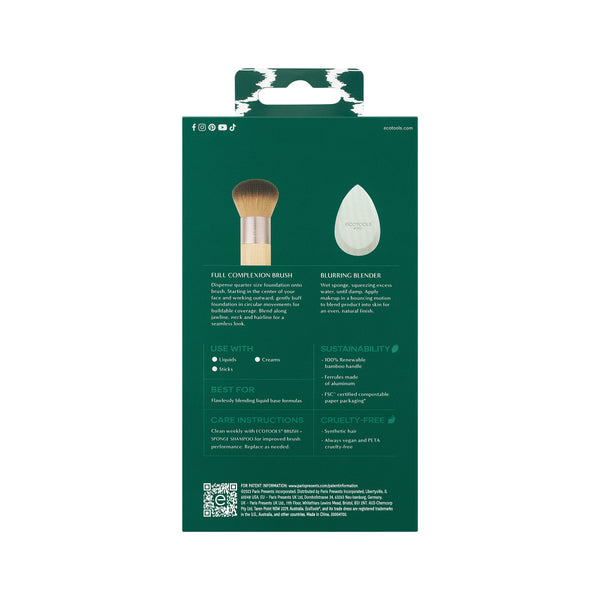 ECOTOOLS makeup brush and blending sponge set box back with printed details