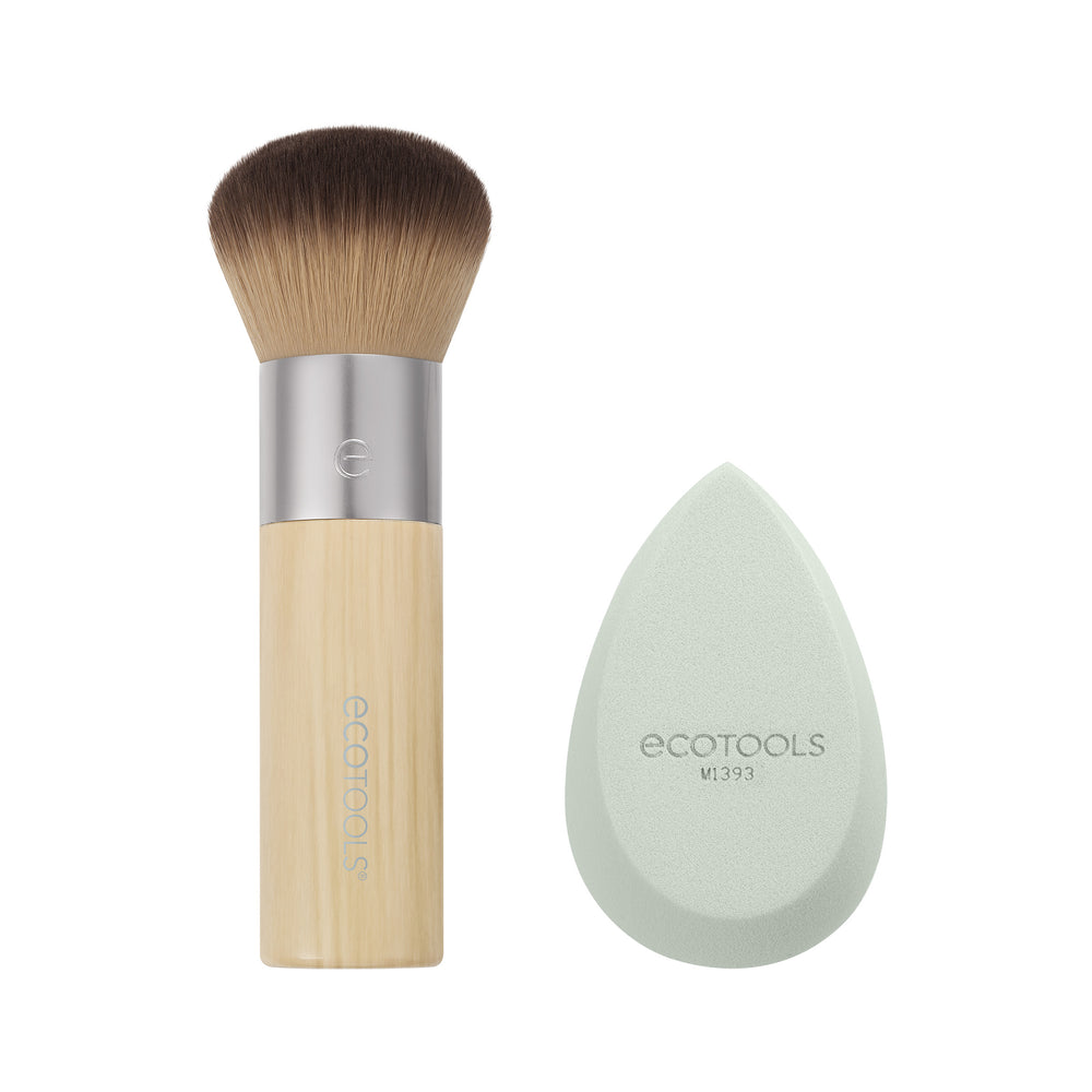 Makeup brush and teardrop blending sponge set, dark bristles and mint sponge