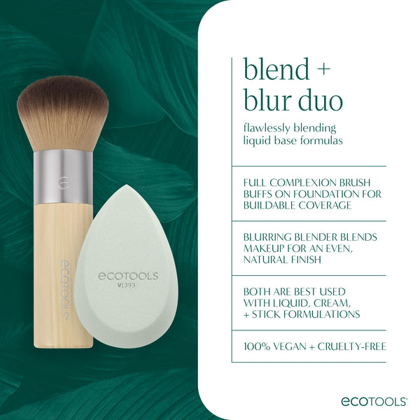 ECOTOOLS makeup brush and sponge set packaging panel with brush and mint sponge