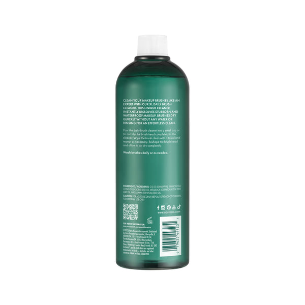 Back view of green XL daily brush cleaner bottle with label and white cap.