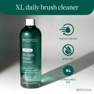 XL daily brush cleaner bottle with icons for instant drying and rinse free.