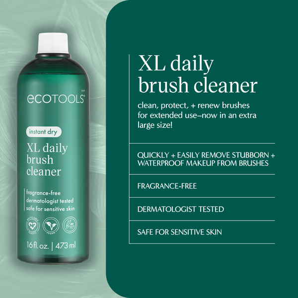 Green XL daily brush cleaner bottle with front label on a teal graphic.