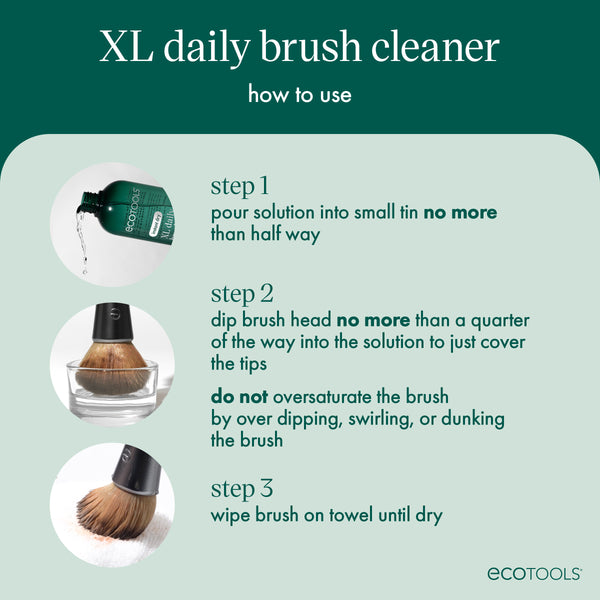 How-to steps for XL daily brush cleaner with small bottle and brush diagrams.