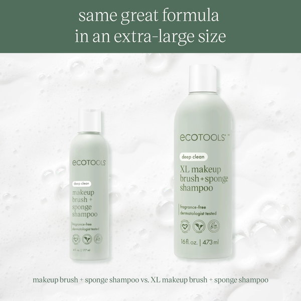 Two ECOTools sage-green XL makeup brush + sponge shampoo bottles, small and large sizes