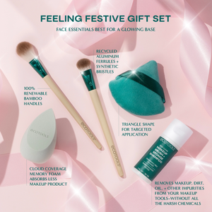 Face essentials set with two brushes, triangle sponge, drop sponge, powder puff, and makeup sponge shampoo