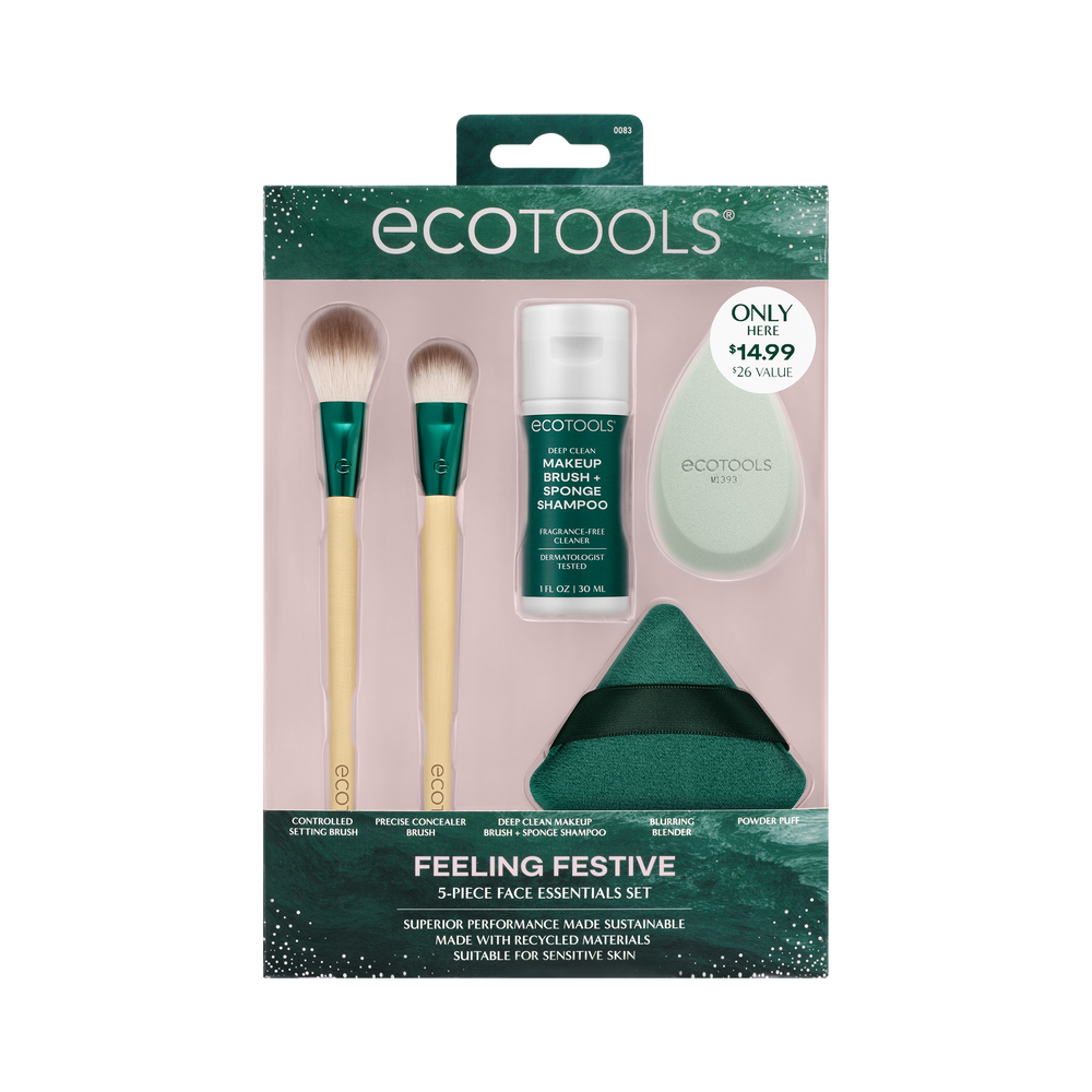 EcoTools face brush set with green-handled brushes, sponge, and cleanser bottle