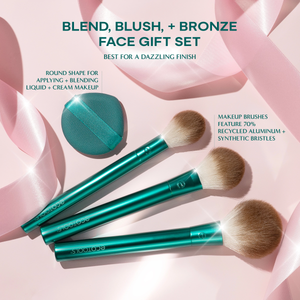 Gift set flat lay: teal liquid puff, round makeup brushes, and packaging