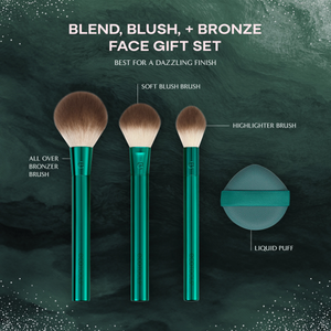 Face gift set with three green brushes and a teal liquid puff applicator