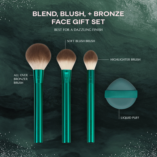 Face gift set with three green brushes and a teal liquid puff applicator