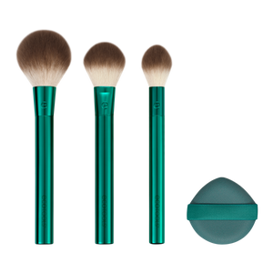 Green makeup brush set with three soft brown bristles and pointed tips