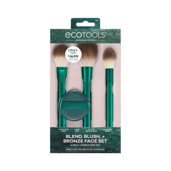 Ecotools Blend Blush Bronze face set with three makeup brushes and compact