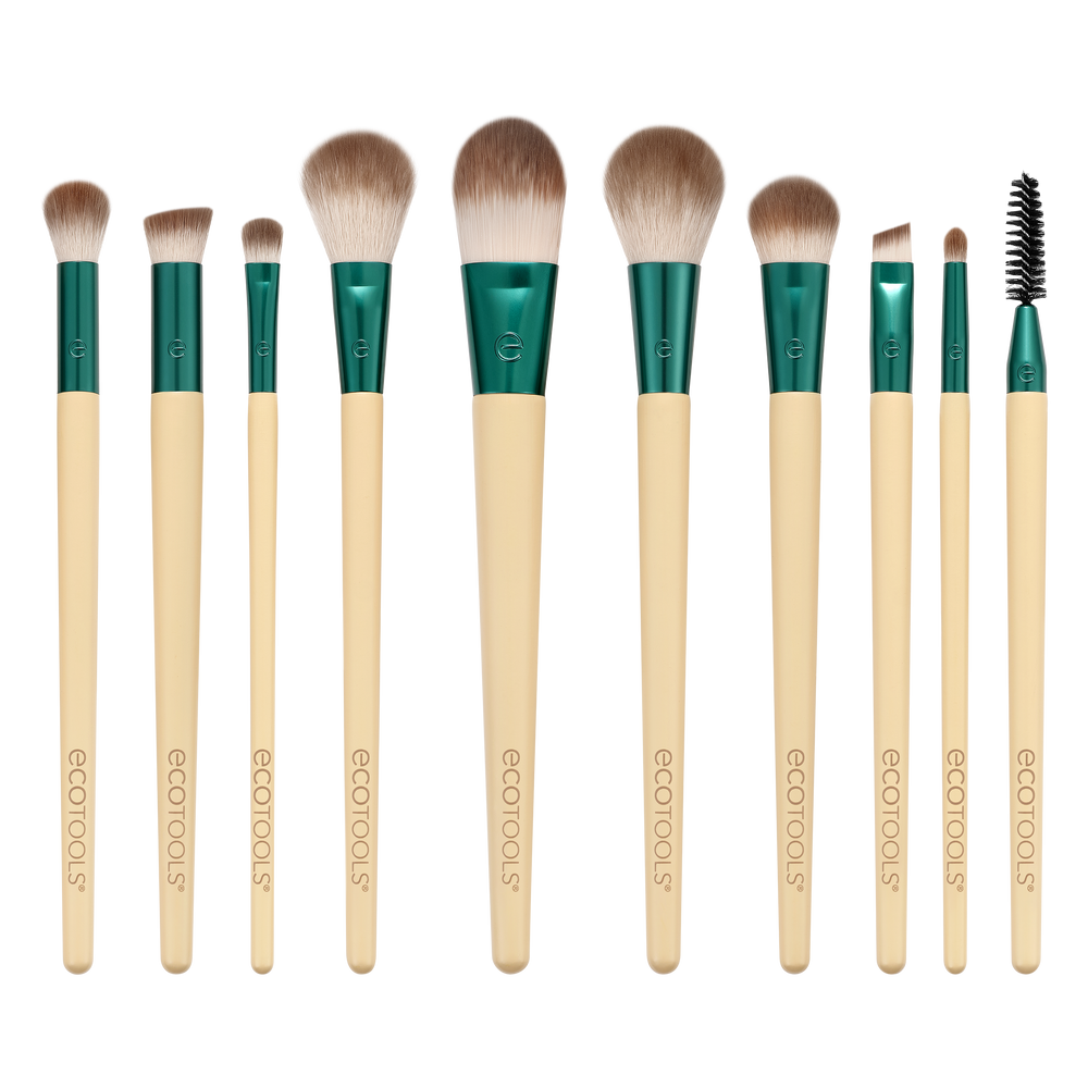10-piece makeup brush set with teal handles, cream ferrules, and soft rounded bristles