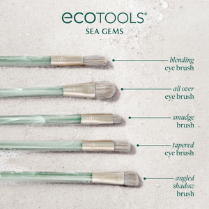 Sea Gems eye brushes showing five brush shapes on green handles with beige bristles