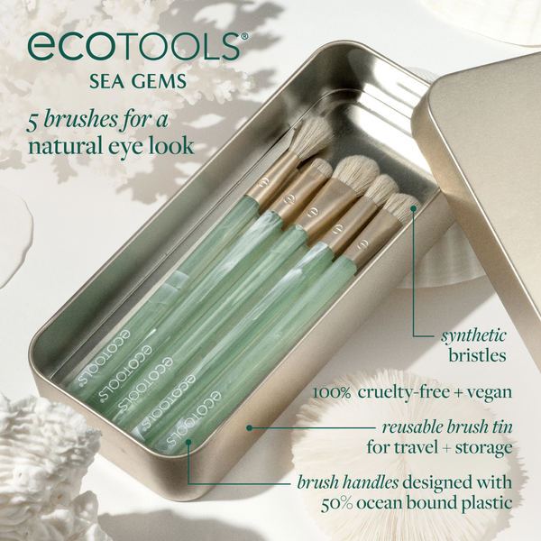 Sea Gems eye brush tin with five reusable brushes, green clear handles, beige bristles