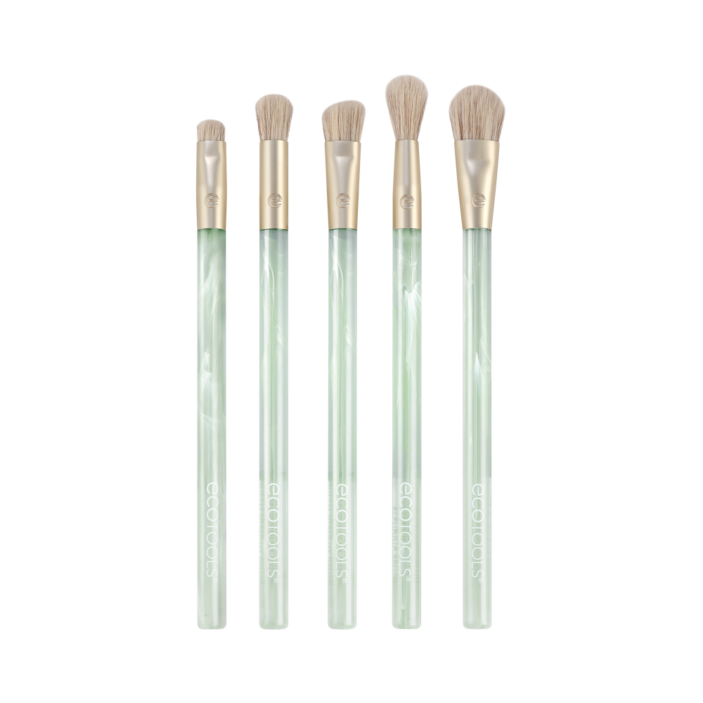 Sea Gems eye brushes, five tapered brush heads with beige bristles on green handles