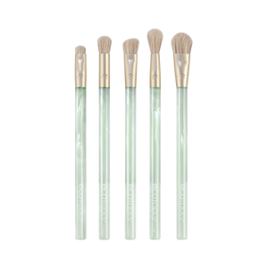 Sea Gems eye brushes, five tapered brush heads with beige bristles on green handles