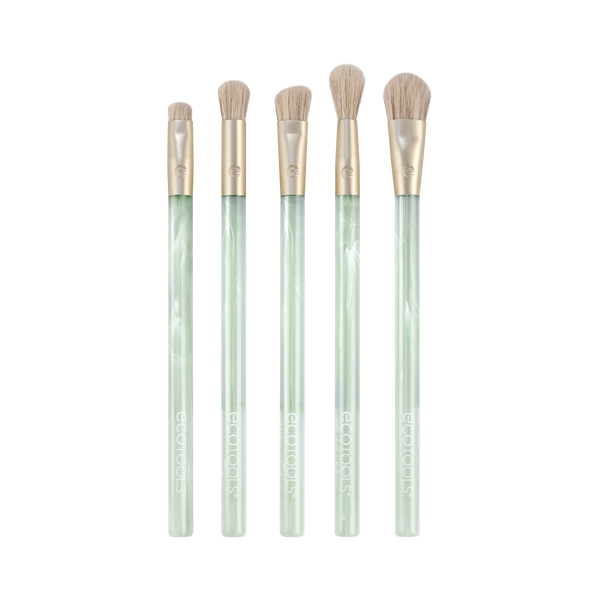 Sea Gems eye brushes, five tapered brush heads with beige bristles on green handles