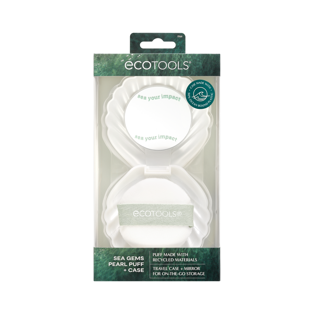 Shell-shaped makeup puff case with white pearl puff, mint band, and round mirror insert