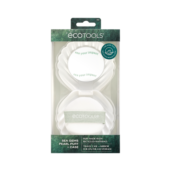 Ecotools Sea Gems Pearl Puff + Case packaging with shell-shaped puff case and mirror