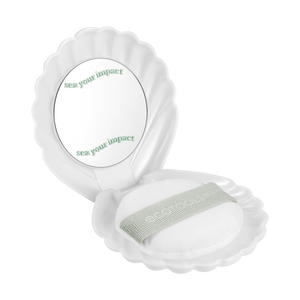 Shell-shaped makeup puff case with white pearl puff, mint band, and round mirror insert