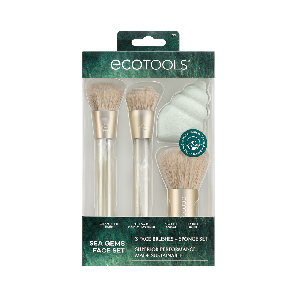 Sea Gems face brush set with three brushes, clear handles, and light bristles