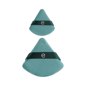 Two teal triangular powder puffs with dark green bands