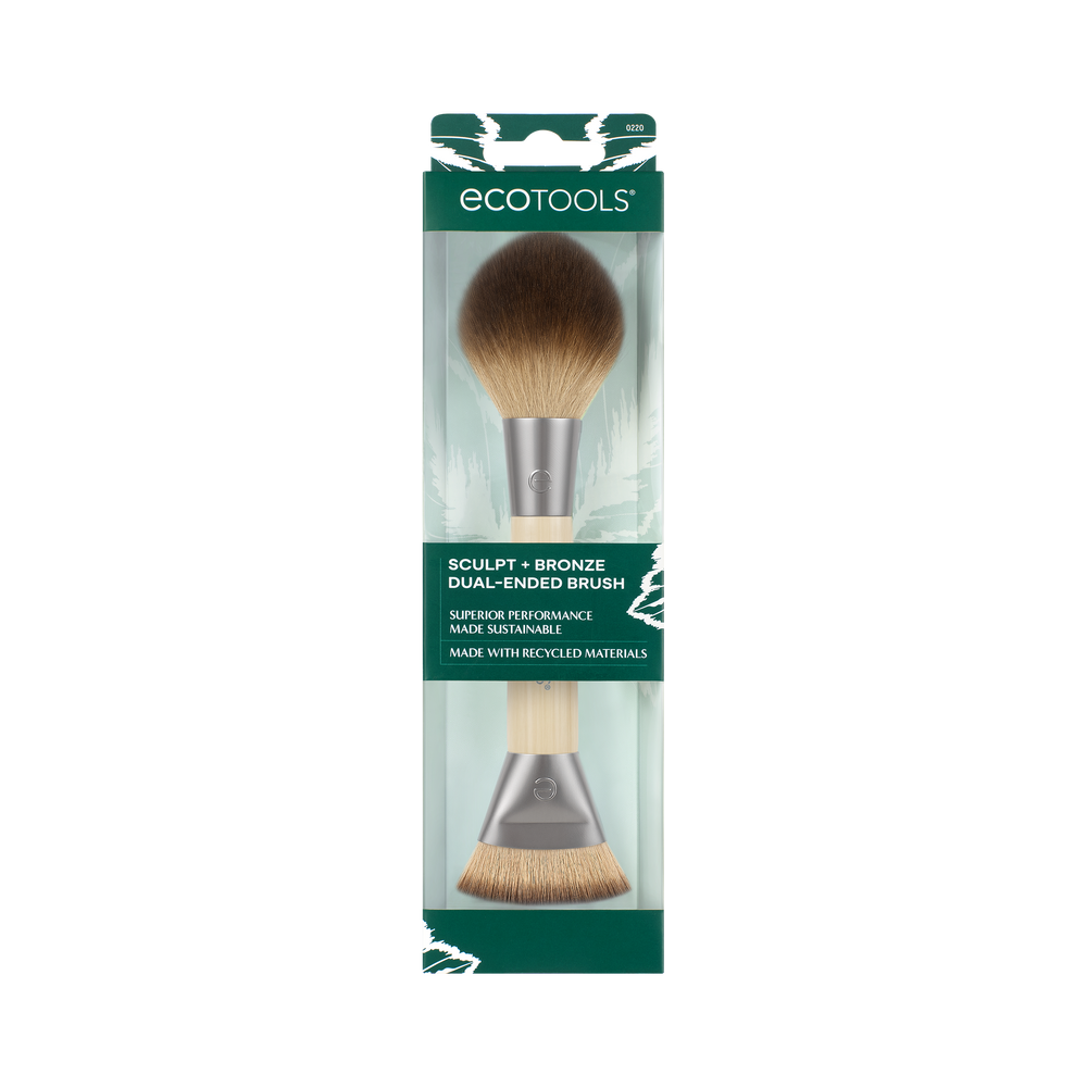 Dual-ended makeup brush with soft bronze bristles and gray-beige handle