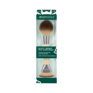 Dual-ended makeup brush retail box showing gray-beige handle and bronze bristles